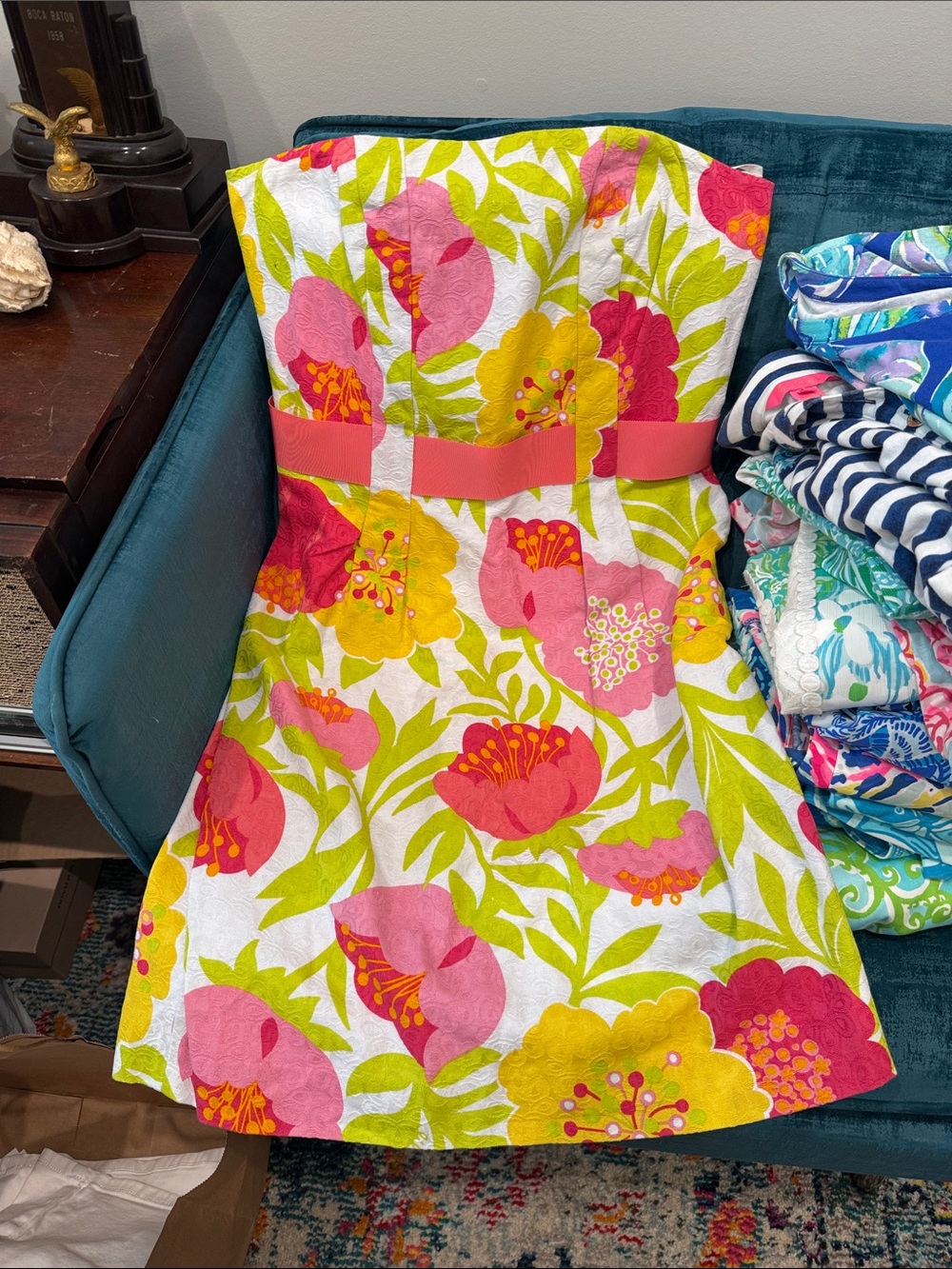 Lilly Pulitzer Floral Strapless Dress in White, Pink, Yellow & Green